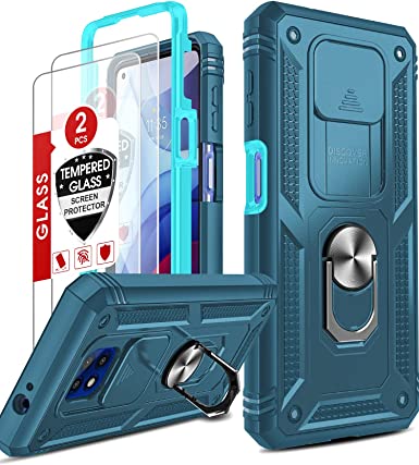 LeYi Moto G Power 2021 Case, Moto G Power 2021 Case with Slide Camera Cover   [2 Packs] Tempered Glass Screen Protector, Full Body Military-Grade Case with Kickstand for Moto G Power 2021, Sea Blue