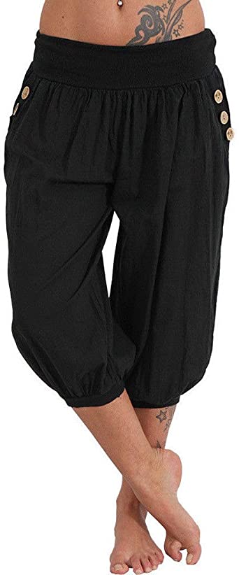 SERYU Loose Pocket Button Harem Pants Women Casual Print Pants Wide Leg Pants