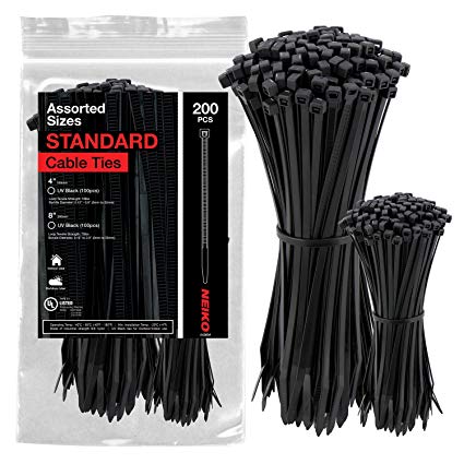 Neiko 51260A UV Black Cable Zip Ties, 200-Piece Assortment | 4 and 8-Inch Set | 18 and 75-lbs Tensile Strength