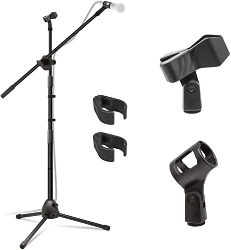 Kasonic Microphone Stand, Heavy Duty Adjustable Collapsible Tripod Boom Mic Stands with 2 Mic Clip Holders for Performance, Karaoke Singing, Speech, Wedding, Stage and Outdoor Activity - Black