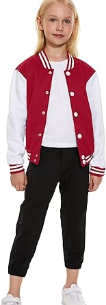 ACEFAST INC Kids Baseball Jacket School Varsity Uniform Casual Sweatshirt Girls Sweater Jacket Baseball Solid Color