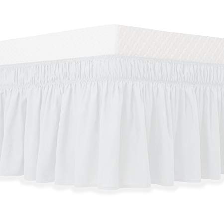 Guken Wrap Around Bed Skirt, Elastic Soft Bed Ruffle, Easy On and Easy Off, Wrinkle and Fade Resistant Solid Color Hotel Quality Fabric with 15 Inch Drop(White,King)