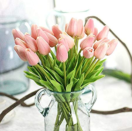 Supla Artificial Flowers 20 heads Real Touch Tulips PU Tulips Fake Flowers Arrangement Wedding Bouquets Home Room Office Centerpiece Party Wedding Decor(pink)(vase not included.)