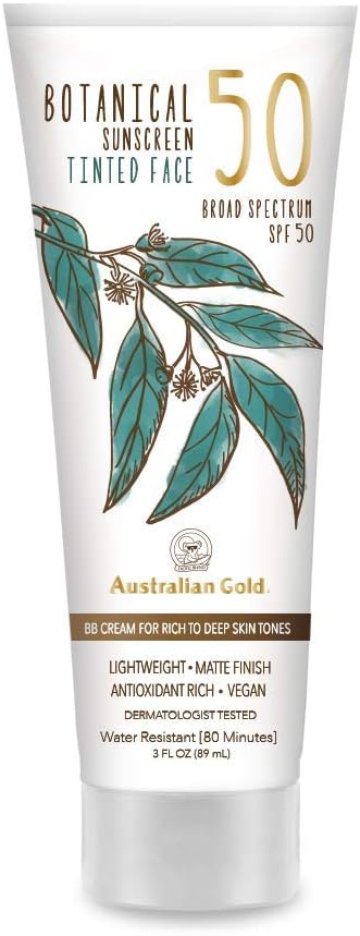 Australian Gold Botanical Sunscreen Tinted Face BB Cream SPF 50, 3 Ounce | Rich-Deep | Broad Spectrum | Water Resistant | Vegan | Antioxidant Rich, A70887