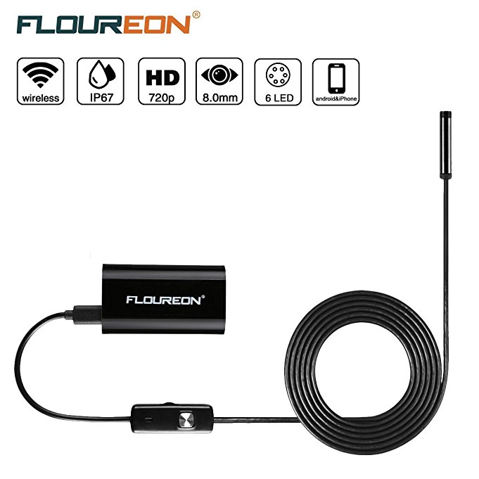 FLOUREON Wireless Endoscope Camera Borescope WiFi IOS Semi Rigid Inspection Camera 2.0 Megapixels HD SnakeCamera for Android and IOS Smartphone, iPhone, Samsung, Tablet (5 Meter) (Android/IOS)