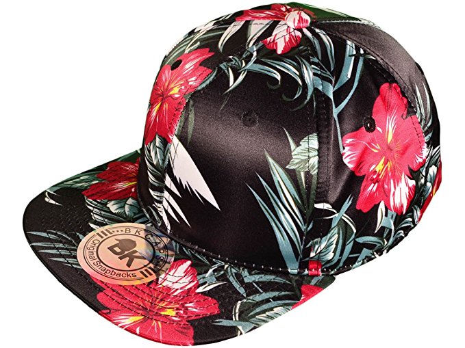 BK Caps Cotton Flat Bill Floral Snapback Hats (Black Flower)