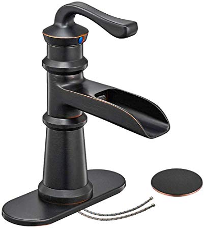 Bathlavish Bathroom Faucet Waterfall Oil Rubbed Bronze Single Handle Lavatory Vanity Sink With Pop Up Drain Stopper With Overflow Basin Mixer Tap Black One Hole Commercial Supply Line Lead-Free