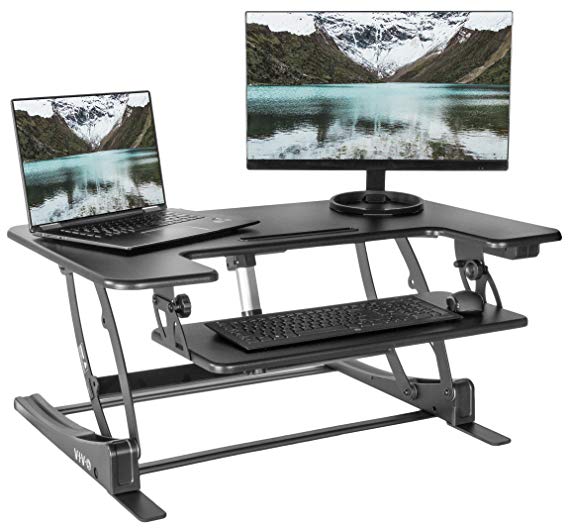 VIVO Black Electric Height Adjustable Stand up Desk Converter | Quick Sit to Stand Tabletop Dual Monitor Riser with USB Port 36” (DESK-V000VE)