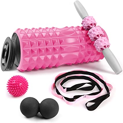 Odoland 5 in 1 Foam Roller Set includes Hollow Core Massage Roller with End Caps, Muscle Roller Stick, Stretching Strap, Double Lacrosse Peanut, Spikey Plantar Fasciitis Ball, Perfect for Muscle Therapy and Balance Exercise