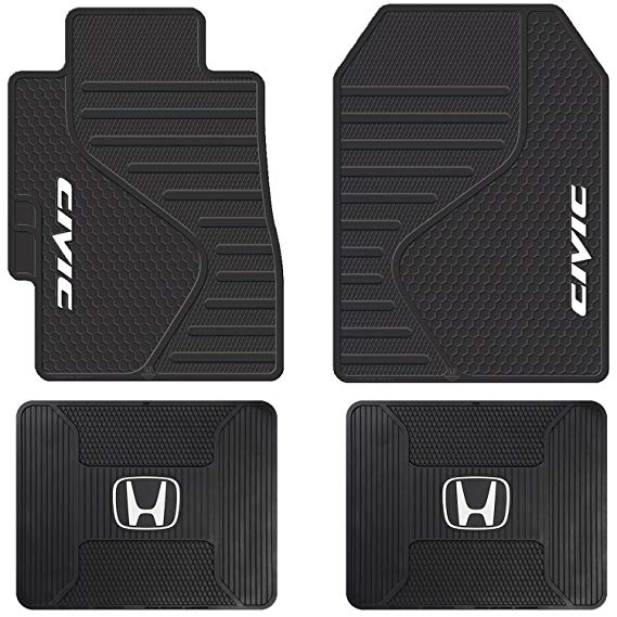 U.A.A. INC. Sport Logo Black Rubber Front Rear Floor Mats 4pc Set Universal-fit for Honda Civic
