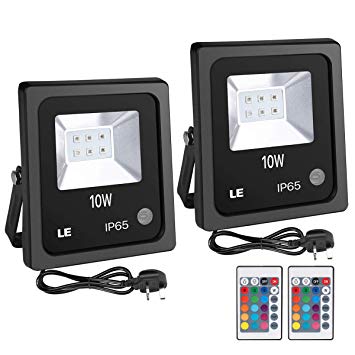 LE 10W RGB Flood Light, Colour Changing LED Garden Light with Remote Control, Dimmable Outdoor Lighting, Waterproof 16 Colours and 4 Modes Floodlight with UK Plug, Pack of 2