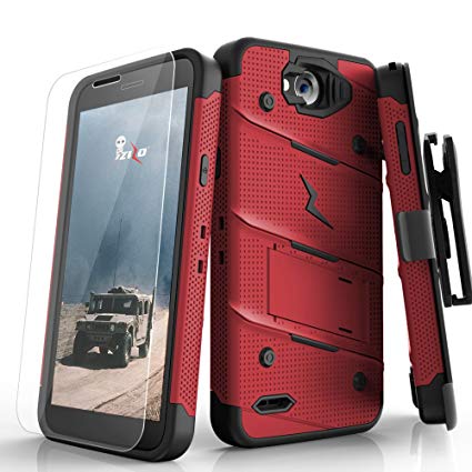 Zizo Bolt Series compatilbe with LG X Charge Case Military Grade Drop Tested with Tempered Glass Screen Protector Holster RED Black