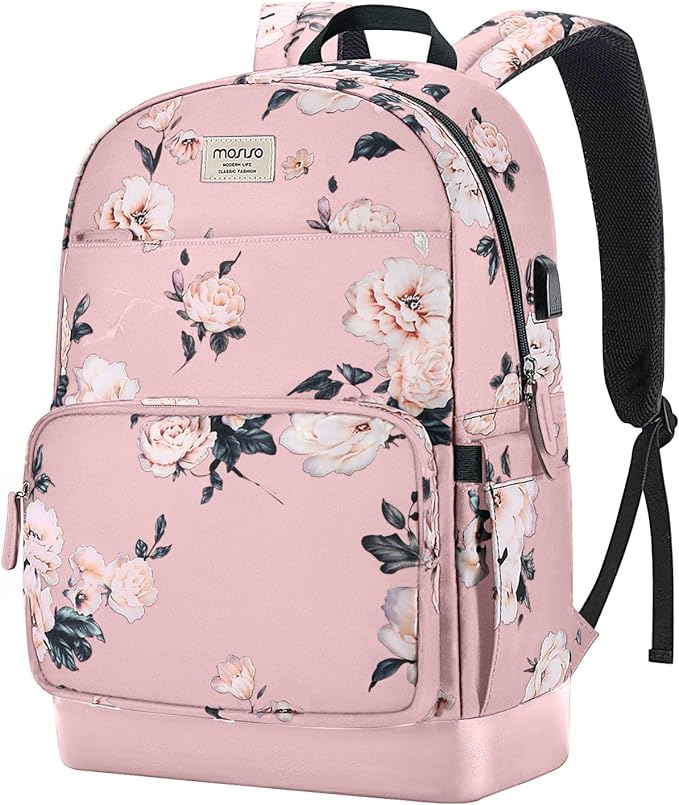 MOSISO 15.6-16 inch Laptop Backpack for Women, Polyester Anti-Theft Stylish Casual Daypack Bag with Luggage Strap & USB Charging Port, Camellia Travel Backpack, Pink