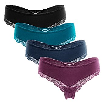 ATTRACO Women's Thong Lace Underwear V String Panties Tanga Briefs Cotton 4 Pack