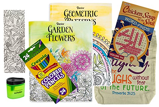 Get Well Soon Gift for Women - 2 Adult Coloring Books, Colored Pencils (24), Color-Your-Own Bookmark, Sharpener, Chicken Soup for the Soul Word Find and Inspirational Tote (7 piece bundle)