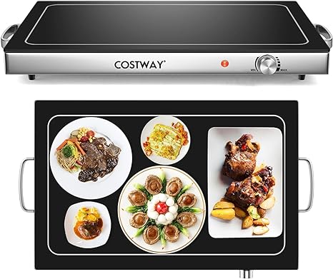 COSTWAY Electric Warming Trays for Food, Stainless Steel Hot Plate with Adjustable Temperature Control, Glass Top, Cool-Touch Handles, Family-Sized Food Warmer for Dinners, Buffets Parties (1)