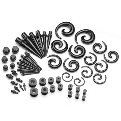 PiercingJ 56pcs 12G-00G Acrylic Tapers   Screw Tunnels   Plug with O Ring   Spiral Tapers Gauge Kit