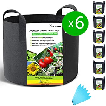 SYOURSELF 6 Pack 10 Galllon Grow Bags, Aeration Fabric Pots with Handles-400GSM Non-Woven Durable Thickened Plant Containers for Nursery Garden Home Vegetable, Fruit, Tree 6 Waterproof Labels(Black)