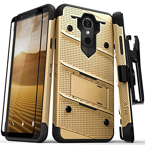 Zizo Bolt Series Compatible with LG Stylo 4 Case Military Grade Drop Tested with Tempered Glass Screen Protector, Holster, Kickstand Gold Black