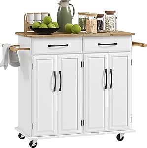 HOMCOM Kitchen Island with Storage, Rolling Kitchen Cart on Wheels with 2 Drawers, 2 Cabinets, Rubberwood Top and Towel Racks (White)