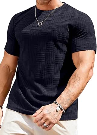 JMIERR Mens T-Shirt Casual Stretch Solid Crewneck Short Sleeve Tees Textured Shirts