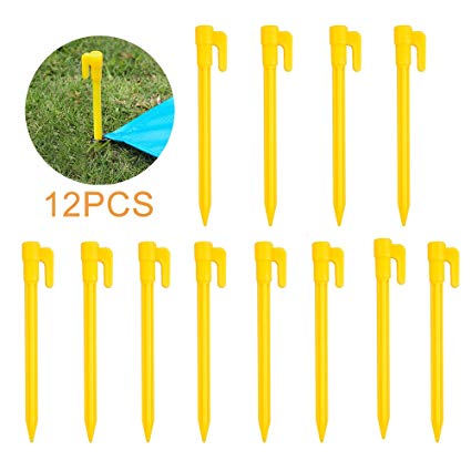 EDOBIL Outdoor Stakes, Durable Plastic Hold Beach Towel Stakes for Outdoor Camping, Picnics on a Blanket or Mat (12pcs Yellow)