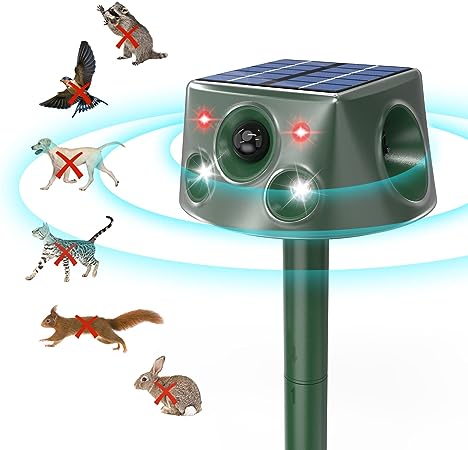 360° Animal Deterrent, 6 Modes Solar Powered Animal Control Devices with Motion Sensor and Flashing Light, Outdoor Waterproof Bird Deterrent for Skunk Squirrel Raccoon Wildcat Rabbit, 15-18kHZ