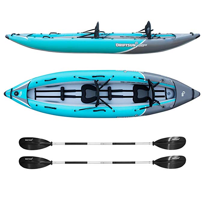 Driftsun Rover 220 Inflatable Tandem White-Water Kayak with High Pressure Floor and EVA Padded Seats with High Back Support, Includes Action Cam Mount, Aluminum Paddles, Pump and More