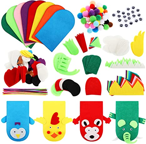 8 Pieces DIY Thick Felt Puppets Hand Puppet Craft Kit Felt Sock Puppet Hand Puppet Making Kit with Pompoms and Wiggle Googly Eyes Role Play Party Supplies for Boys and Girls