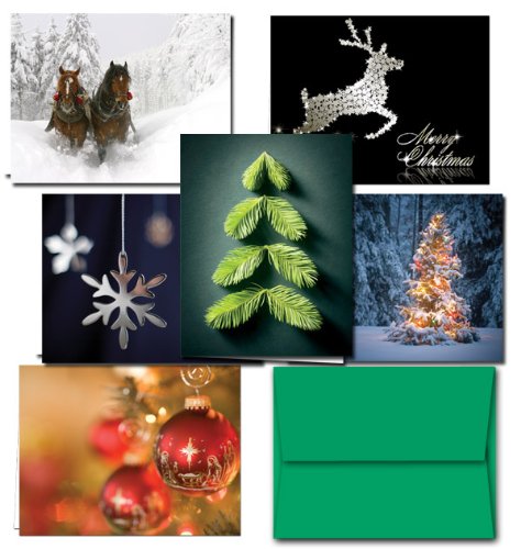 72 Holiday Cards - Tis the Season Set - 6 Designs - Blank Cards - Green Envelopes Included