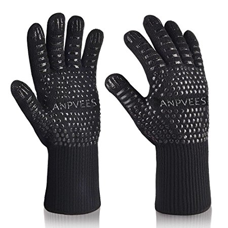 BBQ Gloves Extreme Heat Resistant Oven Gloves For Cooking Grill Baking Microwave High-Temperature Anti-Hot Gloves Extended Long Cuff(1Pair&Black)