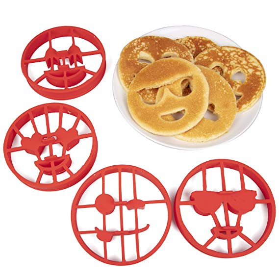 Emoji Pancake Molds and Egg Rings (4 Pack) for Kids AND Adults - Reusable Silicone Smiley Face Maker Doubles as Cookie Maker Set- FDA Approved, BPA Free, Food Safe, Heat Resistant Silicone