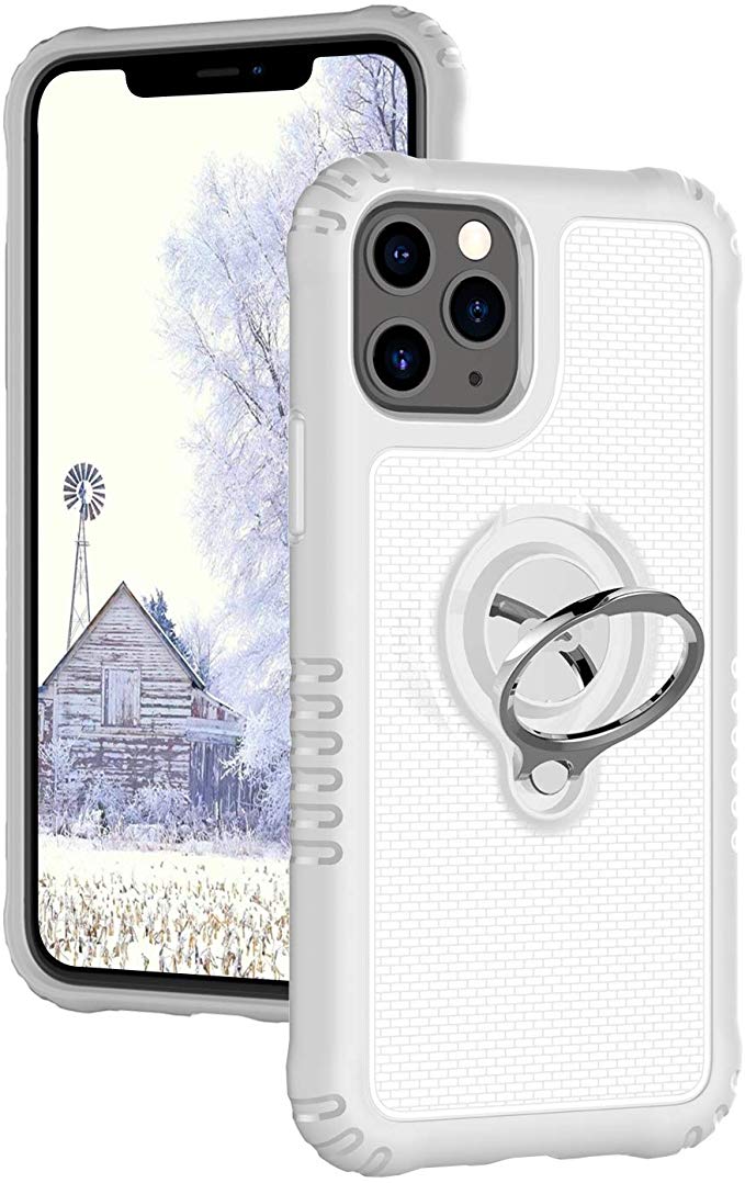 ICONFLANG Compatible Phone case for Apple iPhone 11 Pro Max with Ring Kickstand Shock Absorption Protection case [Compatible Magnetic Car Mount Holder] 6.5 inch (White)