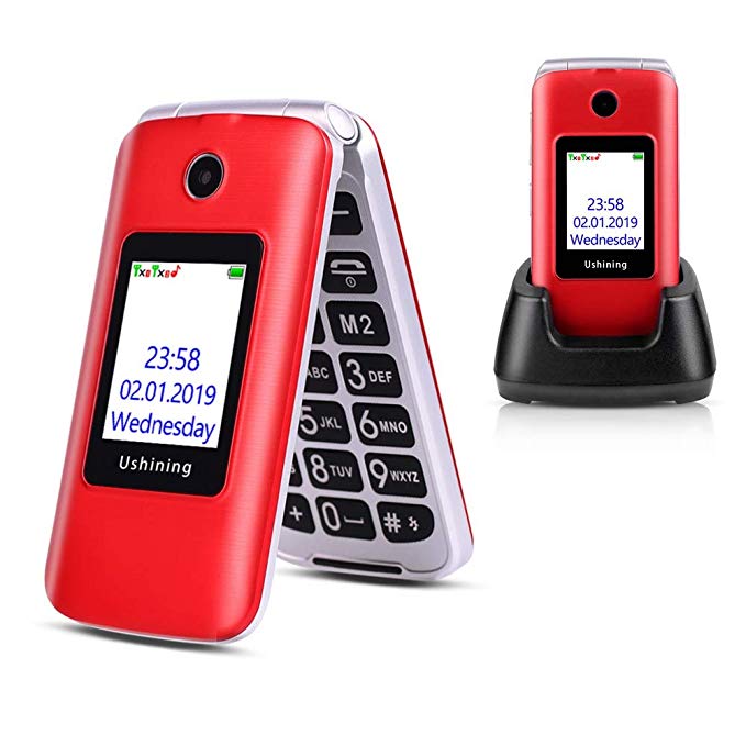 Ushining Prime Mobile Flip Phone Feature Phone Dual Screen Red 3G Unlocked Senior Flip Cell Phone, Big Button Compatible Easy-to-Use Cell Phone with Charging Dock