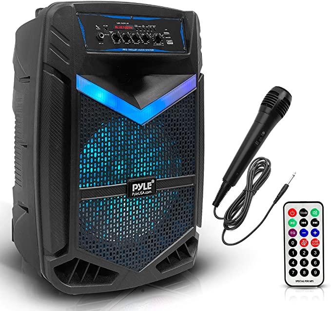 Portable Bluetooth PA Speaker System - 800W Rechargeable Outdoor Bluetooth Speaker Portable PA System w/ 12” Subwoofer 1” Tweeter, Recording Function, Mic In Party Lights USB/SD Radio - Pyle PPHP1242B