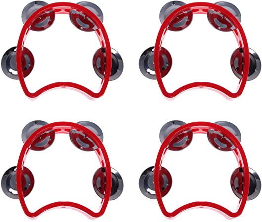 MOTZU 4 Pack Plastic Musical Percussion Tambourines, Dual Alloy Recording Combo Tambourine, Cutaway Half Blossom with 4 Bells Comfortable Teaching Toys for Kids, Adults, Red