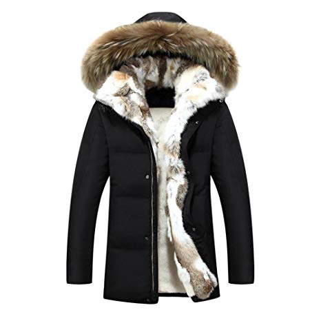 Hzcx Fashion Men's Fur Collar Hoodied Warm Fleece Lined Down Jackets and Coats