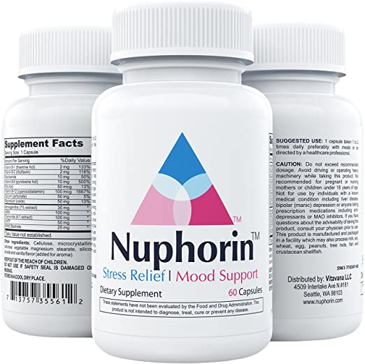 NUPHORIN | Anxiety Supplements and Stress Relief | All Natural Herbal Blends, Ashwagandha Root Powder Extract, Vitamins B, 5HTP, Magnesium, GABA, DMAE, & Chamomile | Made in USA | 60 Vegan Capsules