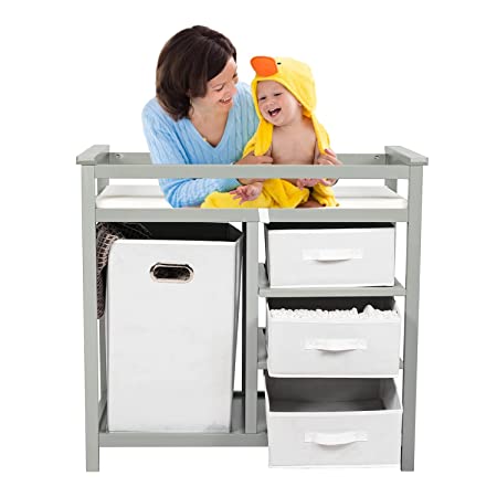 Portable Baby Changing Table with Drawers - Baby Changing Station with 1 Large Storage Basket and 3 Drawer Baskets Plus Changing Pad (Grey)