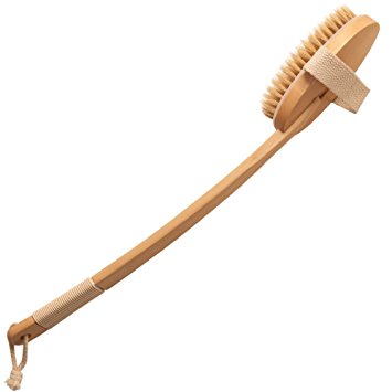 Back Brush / Back Scrubber / Bath Brush - Natural Bristles and Long Handle - Luxurious Curved Wooden Shower Brush - Excellent for Soothing Skin Cleansing, Dry Brushing, & Gentle Exfoliating - Makes a Great Gift