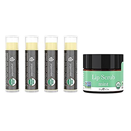 Lip Balm and Scrub Bundle - 4 Pack of Peppermint Lip Moisturizer with Mint Exfoliating Sugar Scrub, Best Gift for Stocking Stuffer, Birthday or Present for Women and Girls, USDA Organic