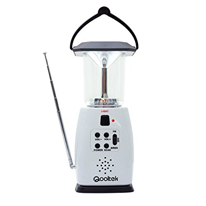 Qooltek Multi-functional 4-way Powered Emergency Solar Hand Crank LED Camping Lantern with FM Radio and Cell Phone Charger (White)