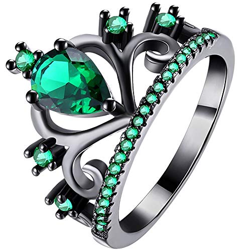 LWLH Womens Black Gold Plated Green Emerald Cubic Zirconia CZ Princess Crown Tiara Ring Wedding Band
