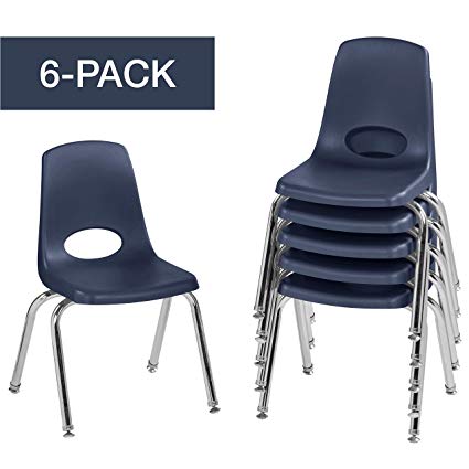 FDP 14" School Stack Chair, Stacking Student Chairs with Chromed Steel Legs and Nylon Swivel Glides - Navy (6-Pack)