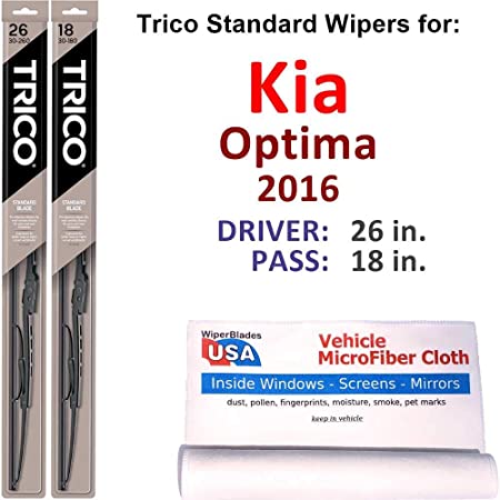 Wiper Blades Set for 2016 Kia Optima Driver/Pass Trico Steel Wipers Set of 2 Bundled with MicroFiber Interior Car Cloth