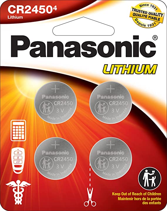 Panasonic CR2450 3.0 Volt Long Lasting Lithium Coin Cell Batteries in Child Resistant, Standards Based Packaging, 4-Battery Pack