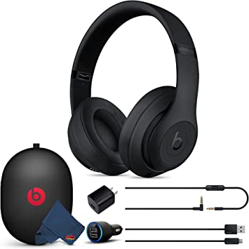 Beats Studio3 Wireless Over-Ear Noise Cancelling Bluetooth Headphones (Matte Black) with Extra USB Charging Adapters and 6Ave Cleaning Cloth