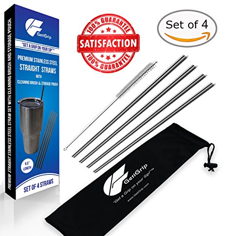 GetiGrip Extra Long Stainless Steel Drinking Straws, Set of 4 with FREE Storage Pouch and Cleaning Brush! For Yeti, RTIC, SIC & other Tumbler Brands; Fits perfectly in 20 oz & 30 oz Rambler Cups!