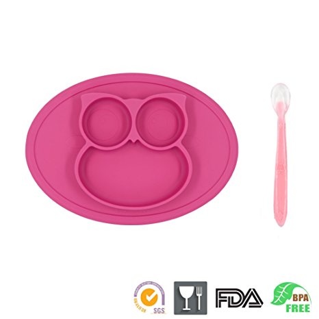 One-Piece Silicone Mini Placemat Plate-Highchair Feeding Tray Suction Placement with a ziplock bag for Children, Kids, Toddlers,Kitchen Dining Table Out Door Travel with FREE SPOON (Pink Owl)