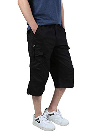 Ivnfout Men’s 3/4 Shorts Casual Twill Elastic Cargo Shorts Below Knee Loose Fit Multi-Pockrt Capri Long Shorts